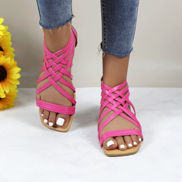 Women's Roman Gladiator Muliti Straped Back Zip Design Flat Heel Sandals Pink - Picture 1 of 6